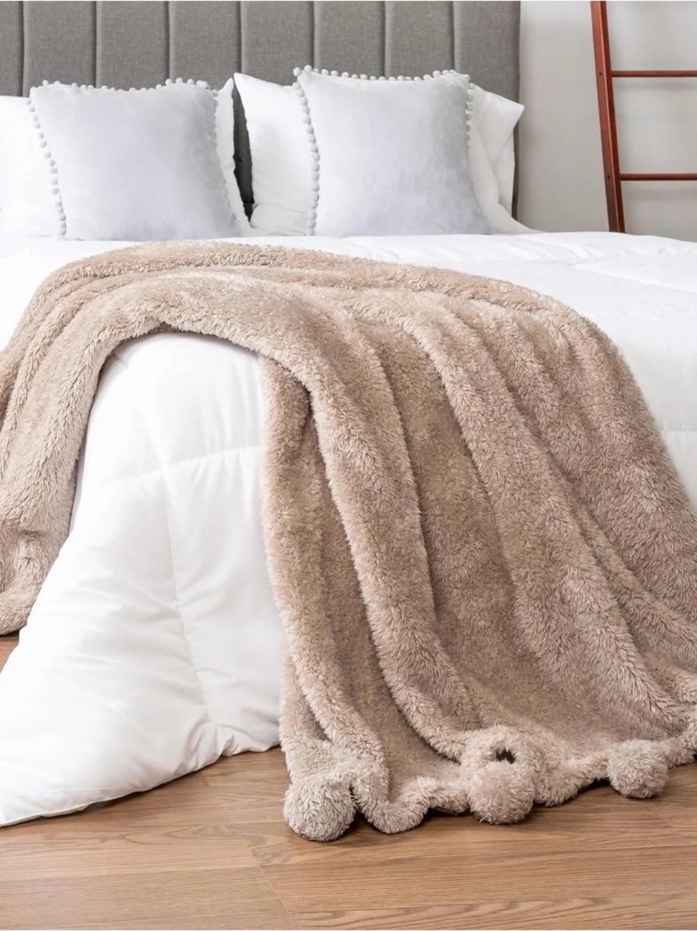 Fluffy Faux Fur Throw Blanket with Pom Poms